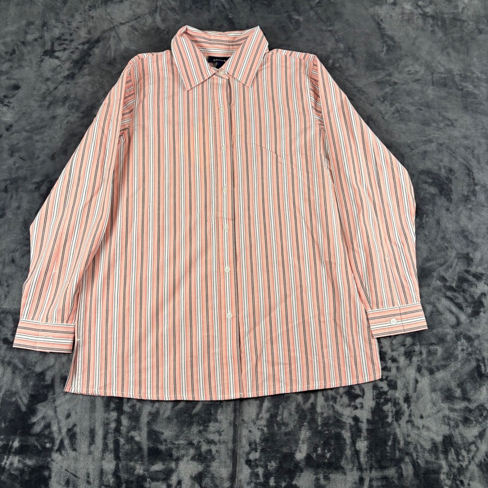NWT Denim & Co Button Down Shirt Womens Small Pink White Striped Long Sleeve